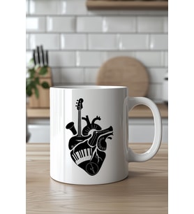 Müzik Temalı Kalp Desenli 330ml Baskılı Beyaz Seramik Kupa Bardak