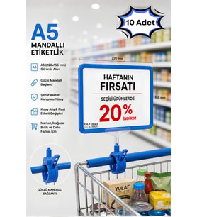 10 Adet - A5 Mandallı Etiketlik Fiyatlık Sepet Raf Askılık Fiyat Etiketi Çerçeveli Market Mağaza Mavi