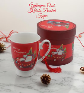 Özel Silindir Kutulu Yılbaşı Noel Baba Temalı Seramik Kupa Bardak (Kırmızı)