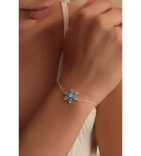 925 Ayar Gümüş Zincirli  Aqua Taşlı Lotus Kamelya Çiçeği Bileklik