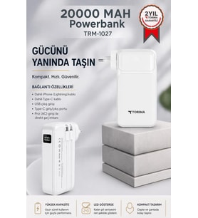 Torima Taşınabilir 20000 Mah Type-C Lightning Hızlı Şarj Dijital Göstergeli 22,5W Powerbank TRM-1027 Beyaz