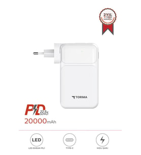 Torima TRM-1027 Beyaz 20000 mAh Type-C Lightning 22,5 W Hızlı Şarj Dijital Göstergeli Powerbank