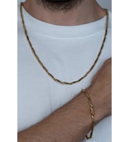 Gold Sarı Renk Kare Küp Unisex Çelik Kolye ve Bileklik Seti eck05s (Sarı-Beyaz)