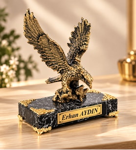 Kişiye Özel İsimli Gold Kartal Heykeli Siyah Mermer Tasarımlı Kaideli Erkeğe Babaya Patrona Hediye