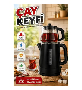 0,9 L Cam Demlikli 1,7 L Su Hazneli Siyah Çay Makinesi 1800 W