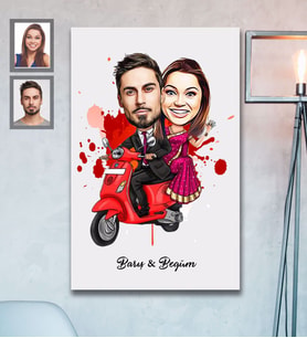 Kişiye Özel Vespa Motorcu Sevgili Karikatürlü Ahşap Tablo 30x47  Mod-3