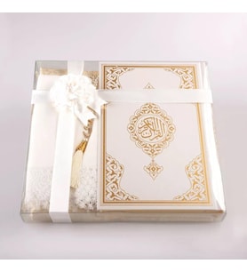 Şal + Seccade + Tesbih + Kuran Hediye Seti (Orta Boy, Ekonomik Cilt, Beyaz)