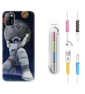 INFINIX Smart 4 5 6 Zero 8 S5 Pro Kılıf Kablo Koruma Spiral Silikon Astronot ve Dünya 1759
