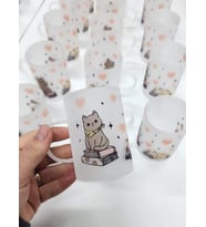 Sevimli Kedi ve Kitap Desenli Buzlu Cam Çay Bardağı Çay Fincanı