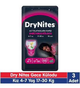 Huggies Drynites Kız 4-7 Yaş Emici Gece Külodu 17-30 Kg 10x3 30 Adet
