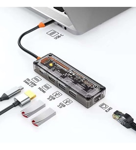 ALLY 5in1 Type-c To USB3.0 + USB2.0 + Type-c PD 100W + HDMI + Ethernet Çoğaltıcı Transparan Hub (Şeffaf)
