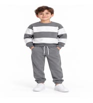 Erkek Çocuk Gri Beyaz Renk Bloklu 3 İplik Sweatshirt ve Jogger Eşofman Takımı – 2 Parça