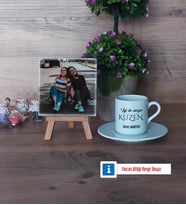 Kuzene Hediye Fotoğraflı Dekoratif Taş, Ahşap Altlıklı Türk Kahvesi Fincanı Hediye (Model 2)