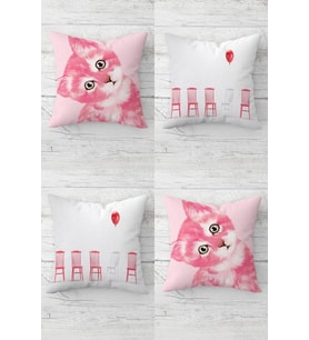 Kedili Balonlu Kedi Desenli Gizli Fermuarlı Kırlent Kılıfı Koltuk Yastık Kılıfı Takım(4adet) (Pembe-Beyaz)