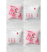 Kedili Balonlu Kedi Desenli Gizli Fermuarlı Kırlent Kılıfı Koltuk Yastık Kılıfı Takım(4adet) (Pembe-Beyaz)