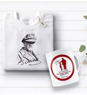 BK Gift Kişiye Özel Öğretmenler Günü Tasarımlı Kupa Bardak ve Atatürk Baskılı Tişört Hediye Seti- 1-11, Öğretmene Hediye, Öğretmenler Günü, 100. Yıl Hediyesi