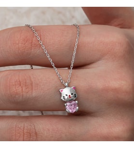 Gümüş Pembe Taşlı Sevimli Kedi Kadın Kolye