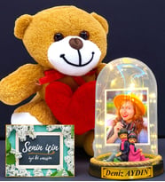 Kişiye Özel Premium Hediye Seti  Led Işıklı Fanus ve Kalpli Peluş Ayıcık (Model 7)