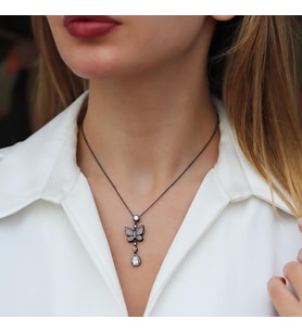Kelebek Siyah Rodyum Kaplama Gümüş Kolye