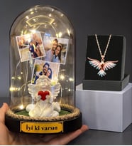 İyi Ki Varsın Kişiye Özel 3 Fotoğraflı Led Işıklı Beyaz Melekli Fanus & Renkli Anka Kuşu Kolye