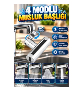 4 Modlu Musluk Başlığı Şelale, Yağmur, Sprey ve Köpük Akış Seçenekli 360° Döner Ergonomik Tasarı