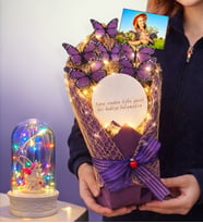 Size Özel Fotoğraflı Led Işıklı Aynalı Kelebek Buketi & Renkli Led Işıklı Fanuslu (Model 6)