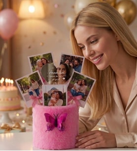 Anneye Hediye 5 Fotoğraflı Peluş Anı Buketi  Özel Mesajlı Aynalı Doğum Günü Hediyesi