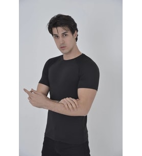 Erkek Omuz Fileli T-Shirt Kısa Kol Bisiklet Yaka Slimfit Tişört - Siyah