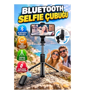 Bluetooth Selfie Çubuğu – 360° Döner Telefon Tutucu Başlık ve Kablosuz Deklanşör