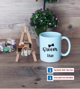 Groom Kupa Bardak Beyaz ve Fotoğraflı Ahşap Anahtarlık Hediye (Model 1)