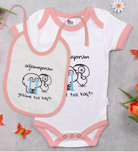 BK Kids Gözüme Toz Kaçtı Tasarımlı Pembe Bebek Body Zıbın ve Mama Önlüğü Hediye Seti-1