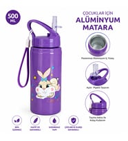 Alüminyum Matara 500 ML Çocuk Su Matarası Pipetli Sızdırmaz Dayanıklı Taşıma İpli