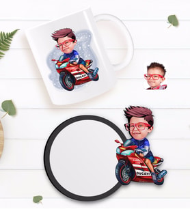 BK Gift Kişiye Özel Motorcu Çocuk Karikatürlü Beyaz Kupa ve Ahşap Bardak Altlığı Hediye Seti-1