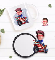 BK Gift Kişiye Özel Motorcu Çocuk Karikatürlü Beyaz Kupa ve Ahşap Bardak Altlığı Hediye Seti-1