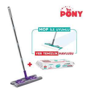 Pony Mandallı Mop + Yer Temizlik Havlusu Hediyeli Microfiber Yüzey Set Paspas Duvar Cam Kıskaçlı Klipsli (Mor)