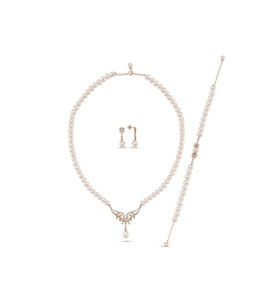 Yaprak Taşlı Doğal İnci Küpe Kolye Bileklik Üçlü Set (Rose)