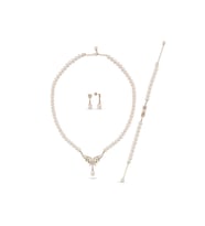 Yaprak Taşlı Doğal İnci Küpe Kolye Bileklik Üçlü Set (Rose)