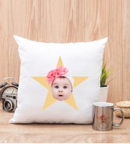 Kişiye Özel Pembe Yıldız Kafa Fotoğraflı Kare Yastık ve Silver Kupa