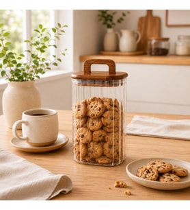 1100 ML Kare Line Cam Kavanoz Ahşap Kapaklı Kulplu Saklama Kabı