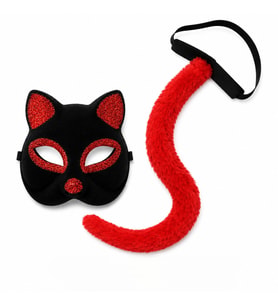 Kırmızı Kedi Maske ve Kuyruk Seti Parti Kostüm Aksesuarı