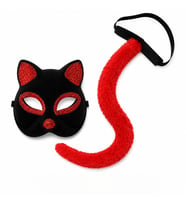 Kırmızı Kedi Maske ve Kuyruk Seti Parti Kostüm Aksesuarı