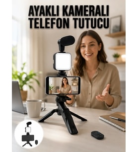Telefon Tutucu Led Işıklı Kumandalı Mikrofon Telefon Vlog Video Kayıt Yeni Nesil