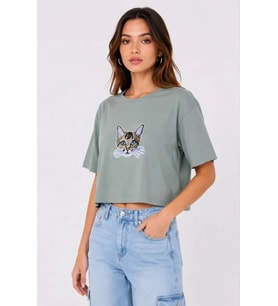 Kedi Baskılı Oversize Crop Tişört Salaş Basic Yarım Kol T-shirt - Mint Yeşili