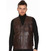 Hakiki Deri Kahverengi Harrington Fermuarlı Erkek Deri Yelek