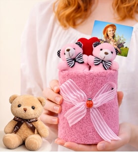 Kişiye Özel Fotoğraflı Pembe Peluş Ayıcık Buketi ve Peluş Kahve Anahtarlık (Yeşil)