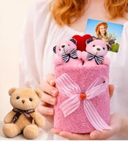 Kişiye Özel Fotoğraflı Pembe Peluş Ayıcık Buketi ve Peluş Kahve Anahtarlık (Yeşil)