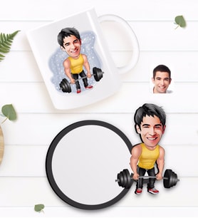 BK Gift Kişiye Özel Erkek Halterci Karikatürlü Beyaz Kupa ve Ahşap Bardak Altlığı Hediye Seti-1