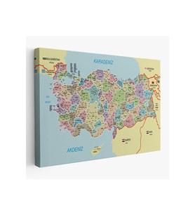 Türkiye Haritası Kanvas Tablo İl ve İlçeli Ayrıntılı Eğitici  Komşulu Tablo 3016