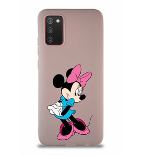 Samsung Galaxy A02S Soft Premier Kapak Minnie Mouse-F Tasarımlı Silikon Kılıf - Pudra (Şeffaf)