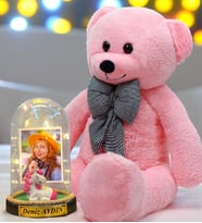 Kişiye Özel Premium Hediye Seti  Led Işıklı Fanus ve 80cm Büyük Boy Pembe Peluş Ayıcık (Model 9)